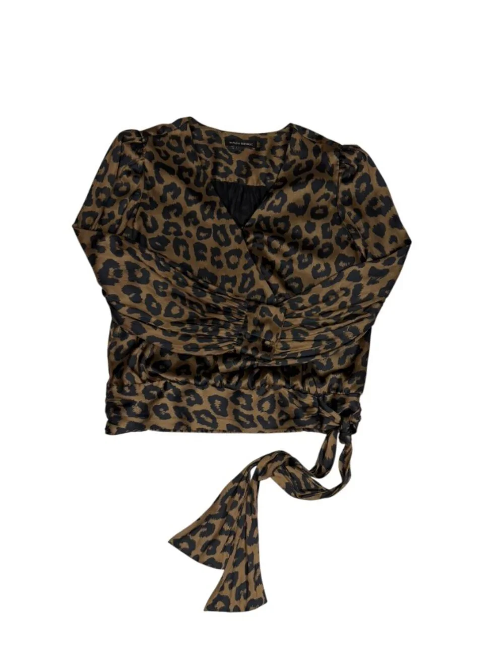 Banana Republic Leopard Satin Blouson Wrap Blouse Tie Waist M